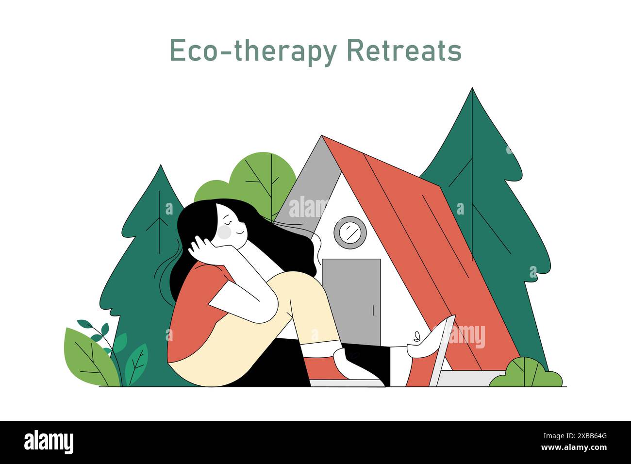 Eco Therapy concept Woman relaxing near a tent in a peaceful forest