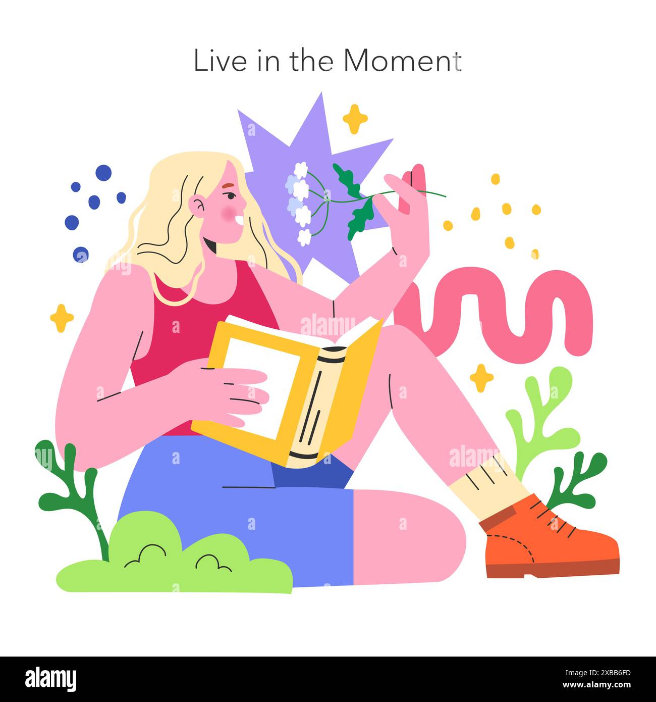 YOLO concept. Illustration of a woman enjoying reading and nature, embodying the 'Live in the Moment' motto. Serenity and mindfulness. Vector illustration. Stock Vector