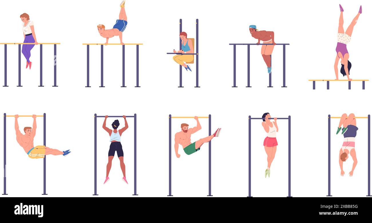 Horizontal bar chin up. People chin-up pull-ups exercise on bars ...