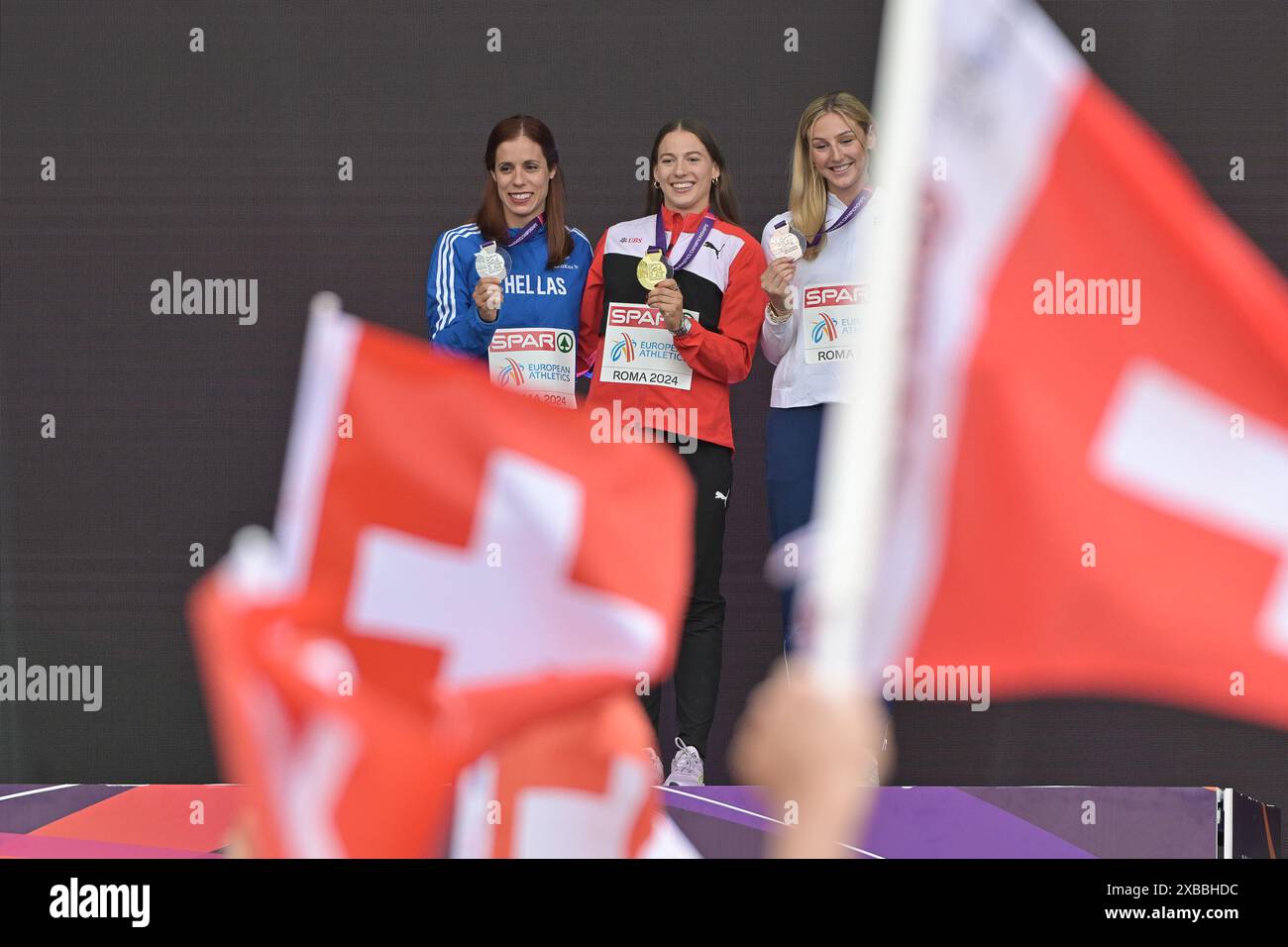 Olympic Stadium, Rome, Italy. 11th June, 2024. 2024 European Athletic Championships, Day 5; Podium for Aikaterini STEFANIDI, Angelica MOSER and Molly CAUDERY Pole Vault women Credit: Action Plus Sports/Alamy Live News Stock Photo