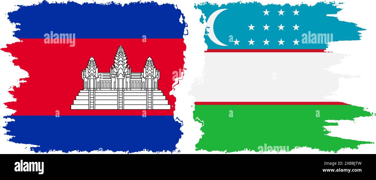 Uzbekistan and Cambodia grunge flags connection, vector Stock Vector