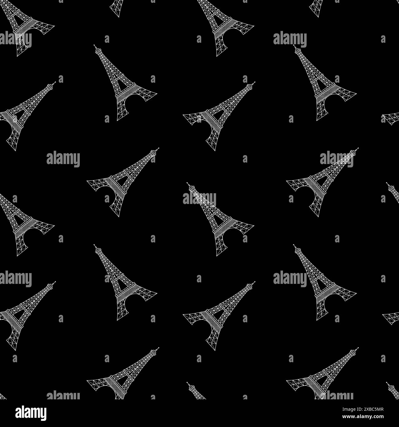 Seamless pattern Paris Eiffel tower white contour on black background ...