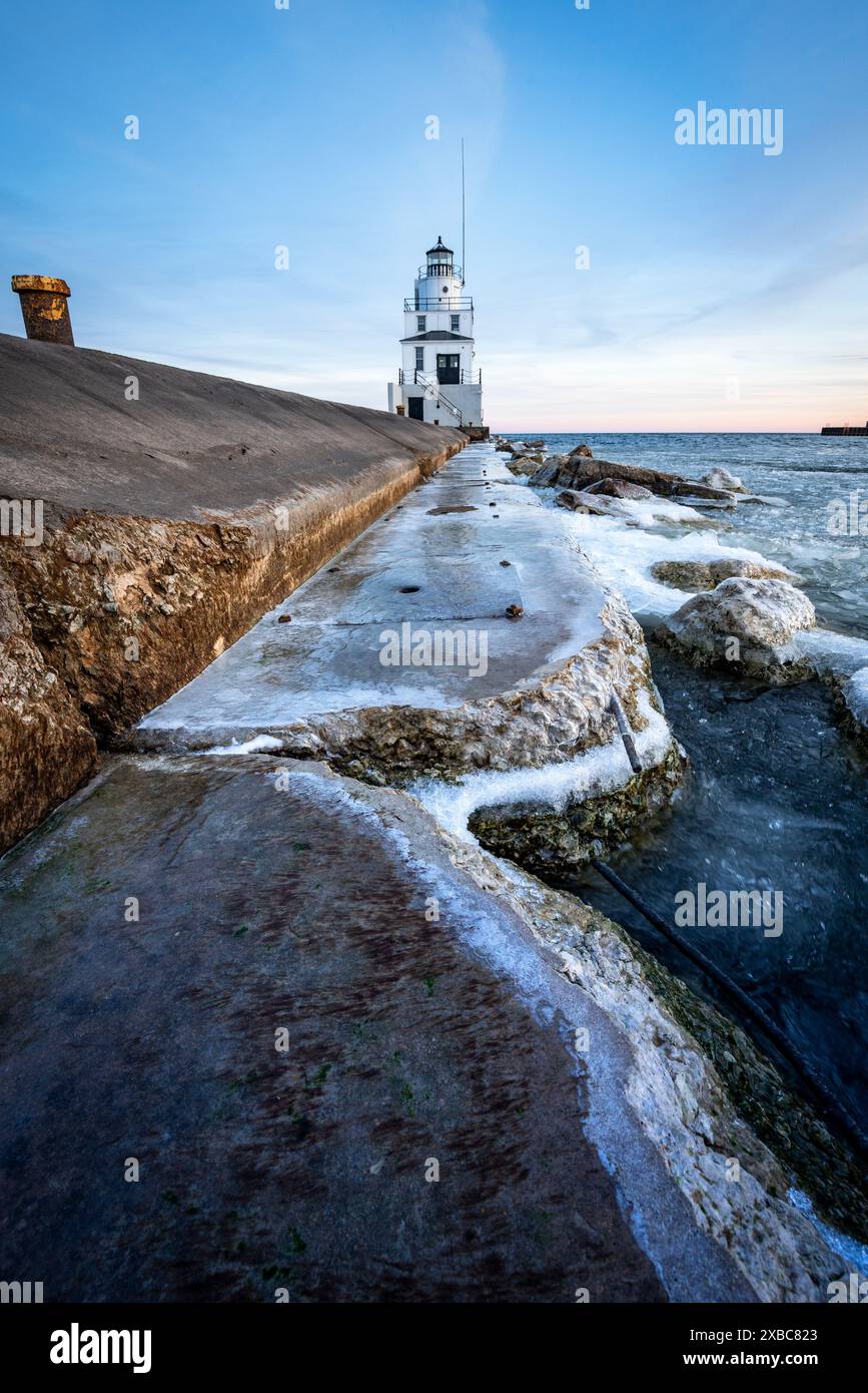 Winter lighthouse in Wisconsin Stock Photo