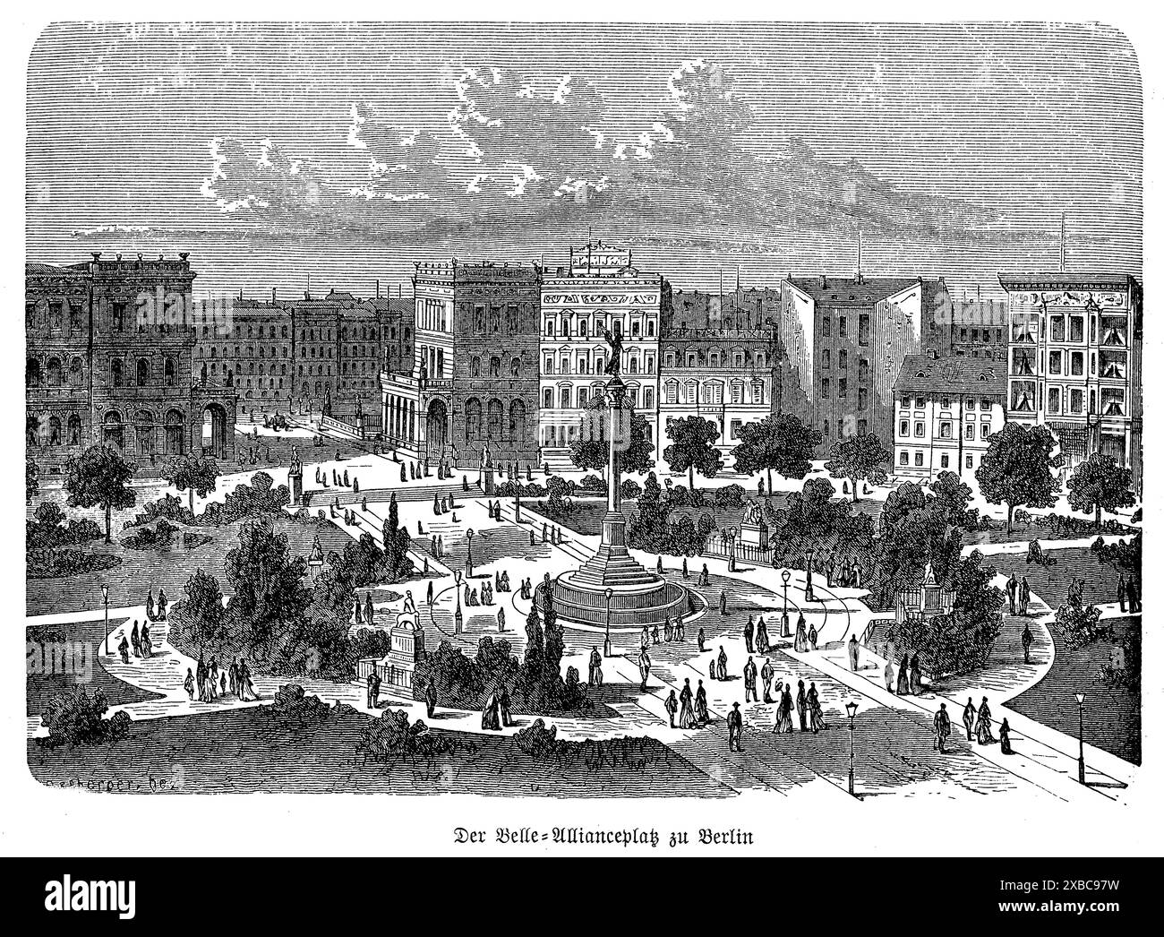 This detailed 19th-century black and white engraving captures Belle-Alliance-Platz in Berlin, a significant urban square named after the Battle of Belle Alliance. The artwork features the vibrant square, bustling with activity, surrounded by elegant buildings showcasing neoclassical and baroque architectural styles. Prominent in the scene are the statue and fountains that add to the square's grandeur. The intricate details of the engraving highlight the cultural and historical essence of Belle-Alliance-Platz, offering a glimpse into the urban life and architectural beauty of Berlin during the Stock Photo