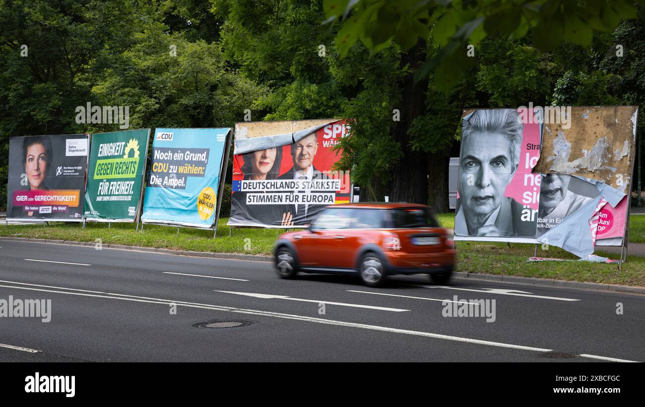 Election posters of the parties Alliance Sahra Wagenknecht, Greens, CDU, SPD and FDP stand on the edge of a street in Frankfurt am Main on the Stock Photo