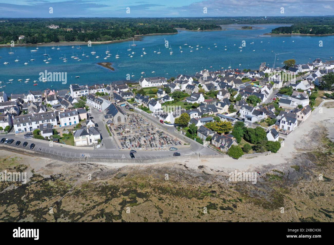 Aerial view of Ile-Tudy peninsula with church and cemetery, Finistere Penn ar Bed department, Bretagne Breizh region, France Stock Photo