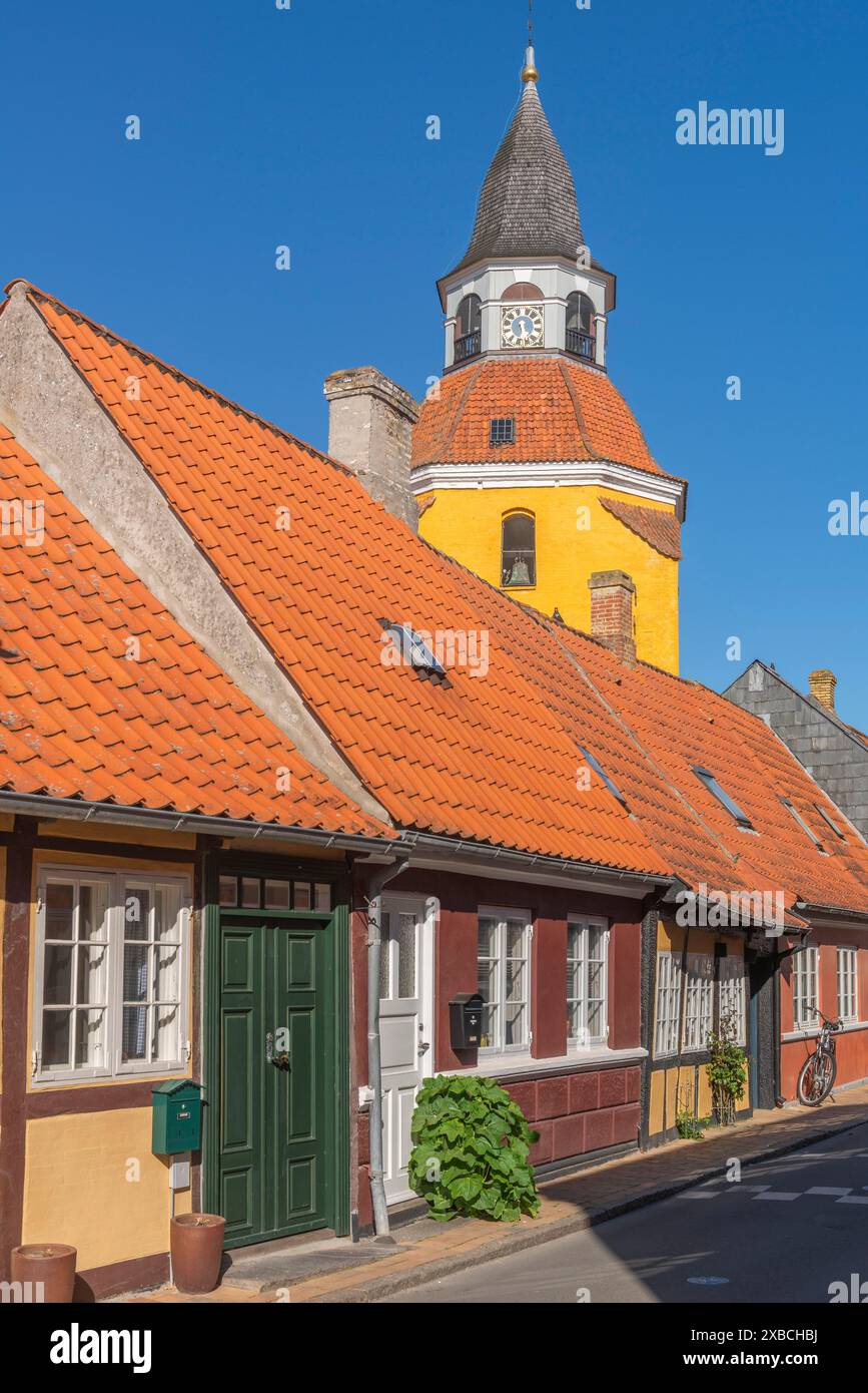 Faborg, Faaborg, picturesque old town with colourful houses, landmark bell tower, gabled houses, half-timbered houses, Fyn, island of Funen, south Stock Photo