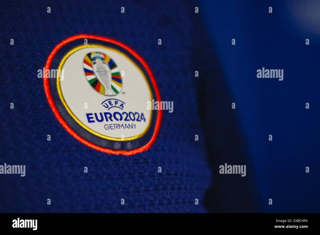 Frankfurt, Germany, June 11th 2024 FRANKFURT, GERMANY - JUNE 11: UEFA Euro 2024 Championship Logo in staff clothing at 'Frankfurt Arena', taken during the UEFA Euro 2024 European Football Championship Stadium Open Media Day in Frankfurt am Main, Germany. The UEFA Euro 2024 Football Championship is scheduled to run from June 14 to July 14, 2024 (Photo by Dan O' Connor/ATPImages) Dan O' Connor (Dan O' Connor / ATP Images / SPP) Stock Photo