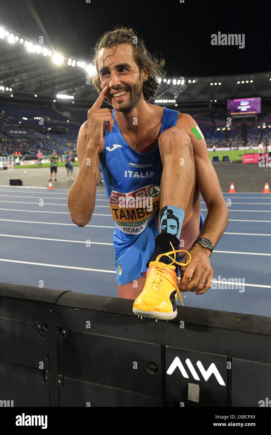 Rome, Italy. 11th June, 2024. Gianmarco Tamberi of Italy wins the men’s high jump final with a championship record of 2.37 at the European Athletics Championships, Stadio Olimpico, Rome, Italy - 11th June 2024. Photo by Gary Mitchell/Alamy Live News Credit: Gary Mitchell, GMP Media/Alamy Live News Stock Photo