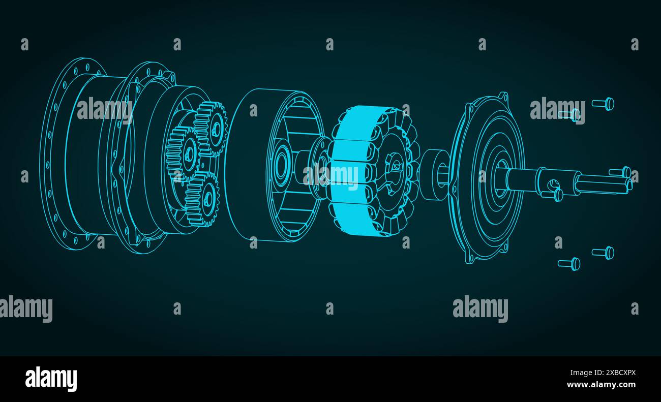 Stylized vector illustration of isometric blueprint of a bicycle wheel