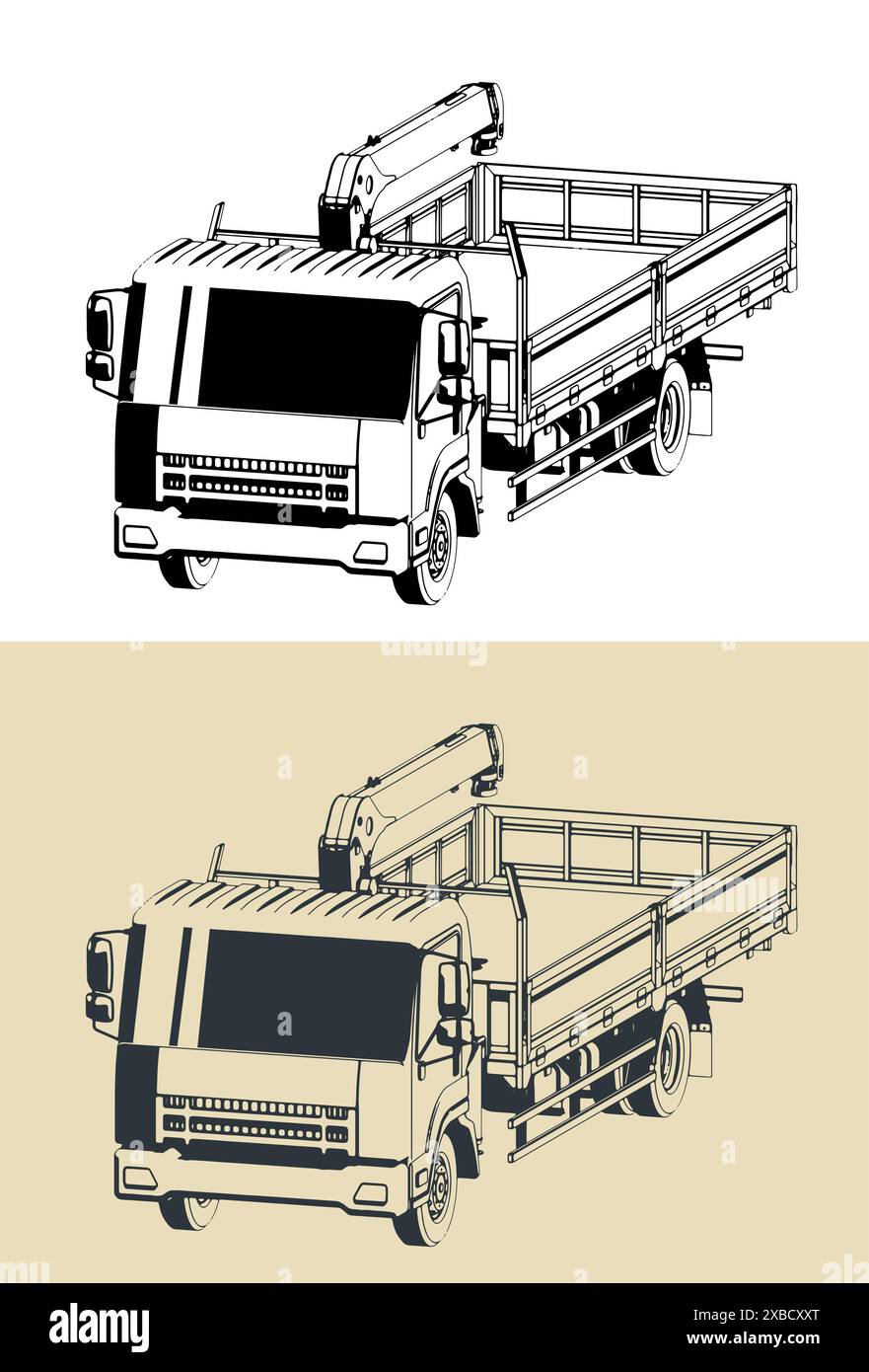 Stylized vector illustrations of truck with crane-manipulator ...