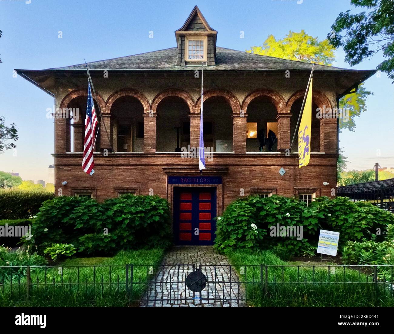 Bachelors Barge Club, at 6 Boathouse Row in Philadelphia, is the oldest operating boathouse in the United States. Stock Photo