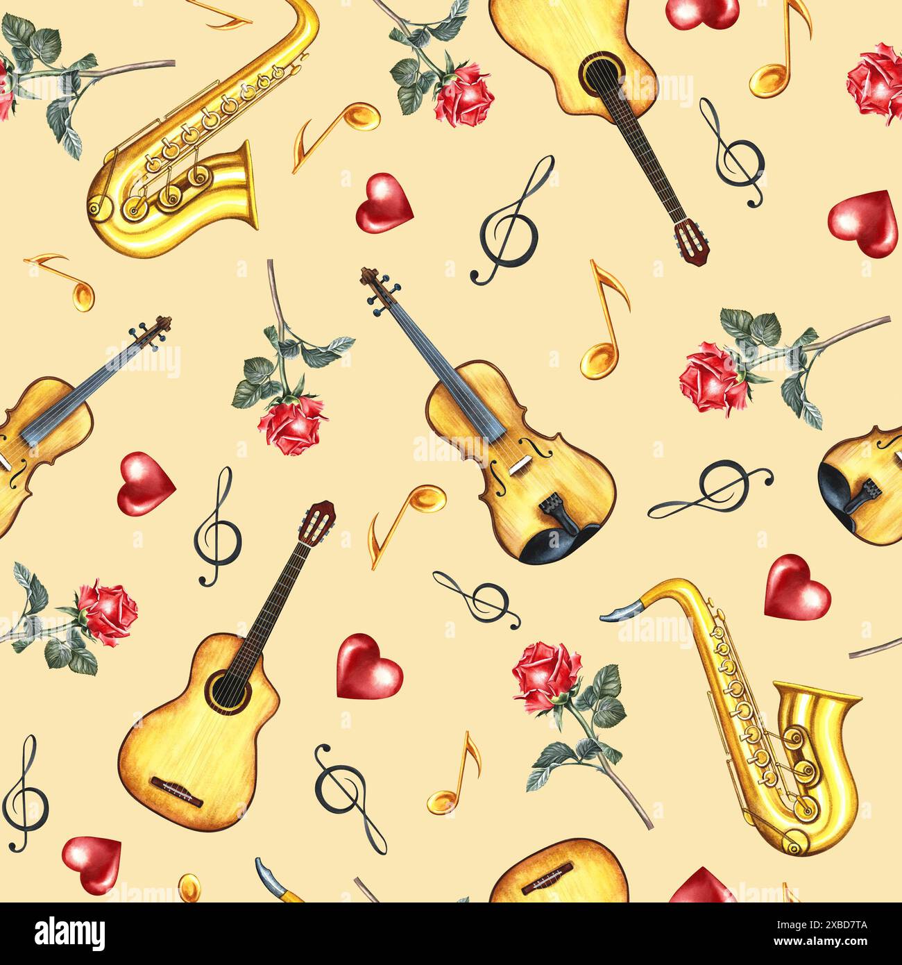 Musical seamless pattern with musical instruments, guitars, violins and ...