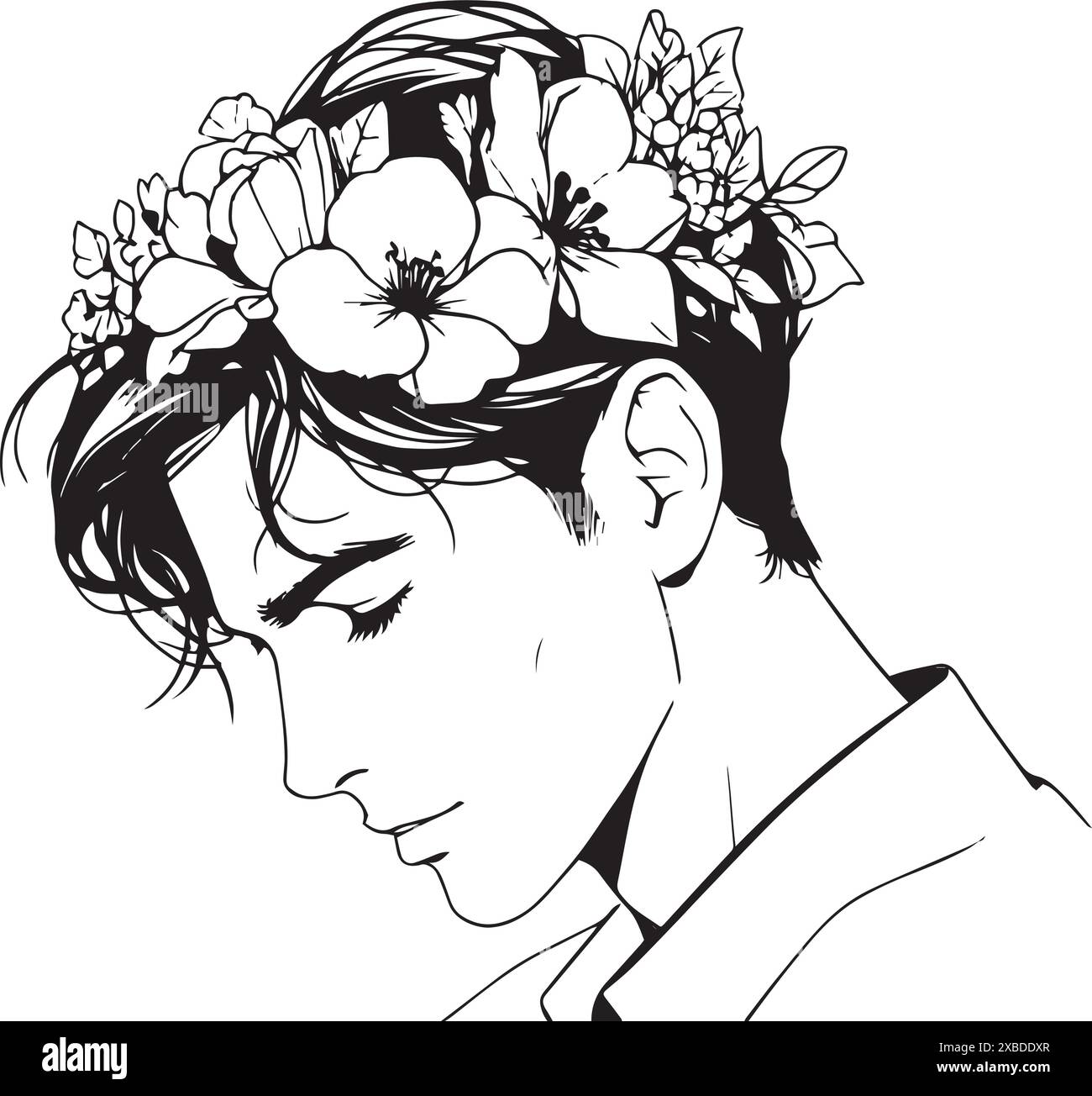 Black and white line drawing of a dark-haired young man with a flower
