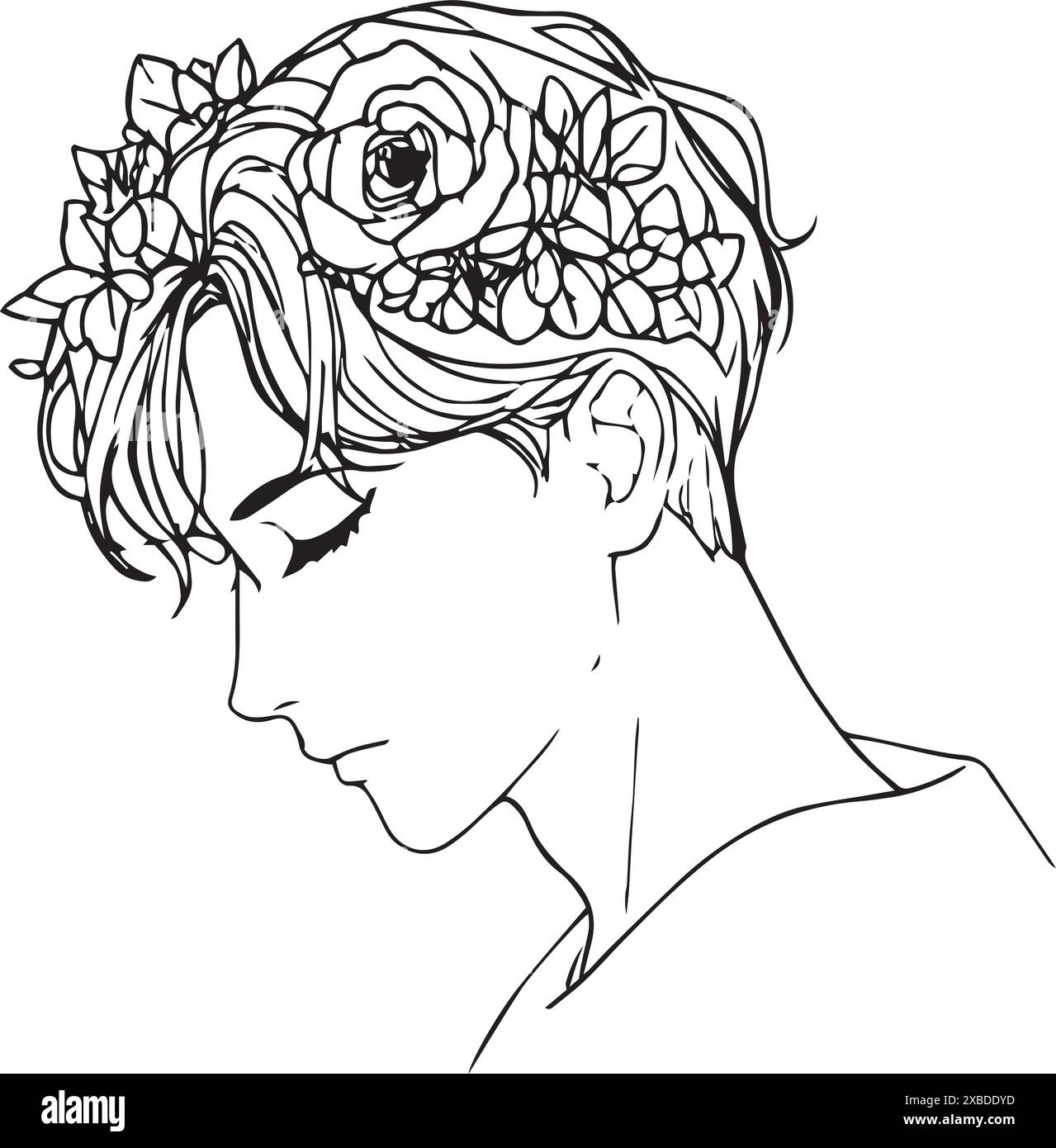 Black line drawing of a young man with dark hair, adorned with a flower ...