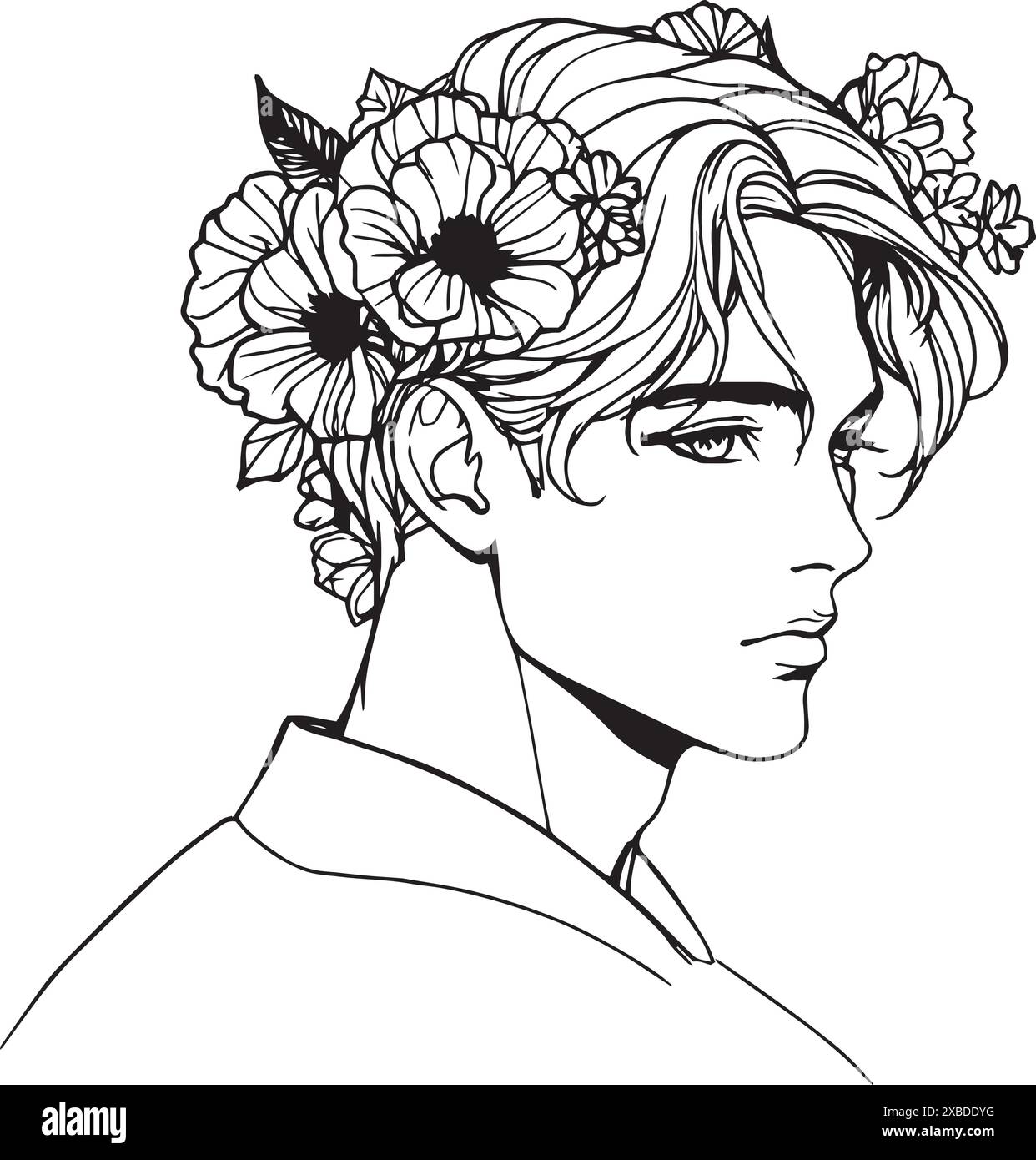 A young man with dark hair and a flower crown, depicted in black line