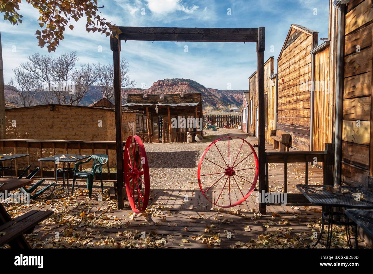 Little Hollywood Museum and Trading Post Backyard with Wild West Movie Stage Buildings and Pioneer Town Wagon Wheels Replicas Kanab Southwest Utah USA Stock Photo