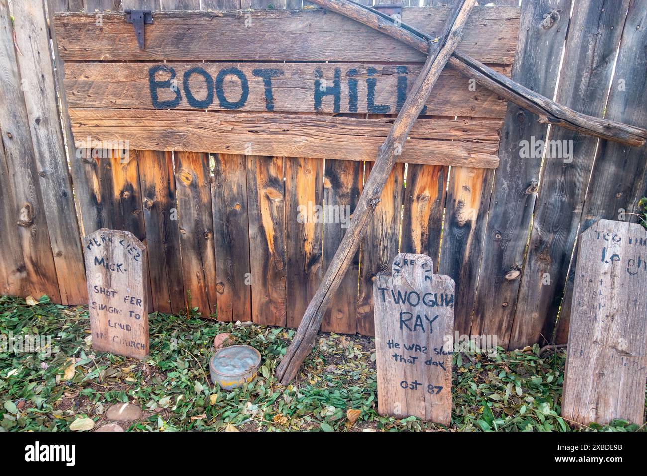Boot Hill Graveyard Cemetery Tombstones,  Little Hollywood Museum and Trading Post Backyard Western Movie Stage Replica, Kanab Southern Utah USA Stock Photo
