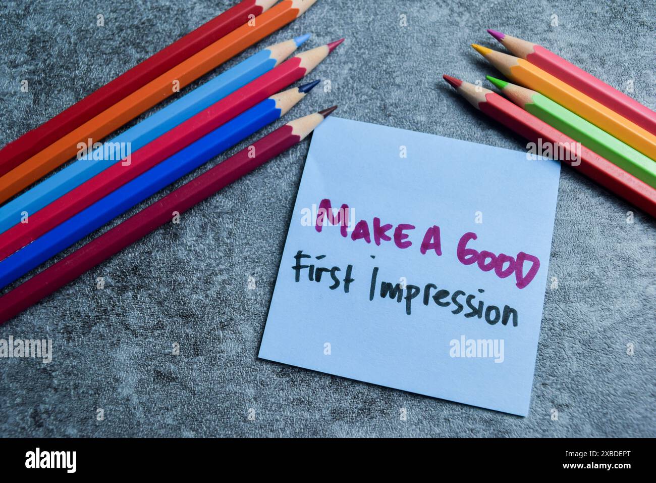Make a Good First Impression. Notepad with text on white table Stock Photo  - Alamy, image size:1300x956