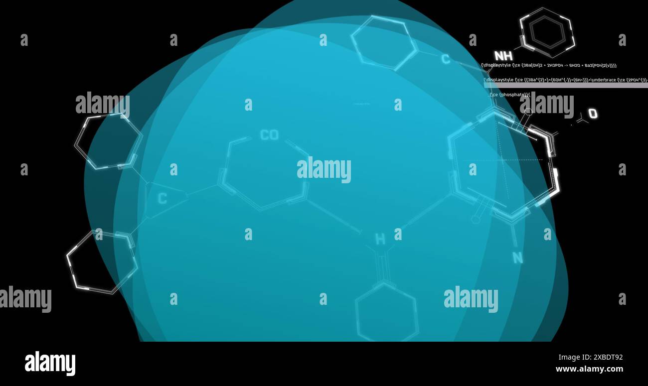 Image of chemical structures and data processing over blue banner with copy space Stock Photo