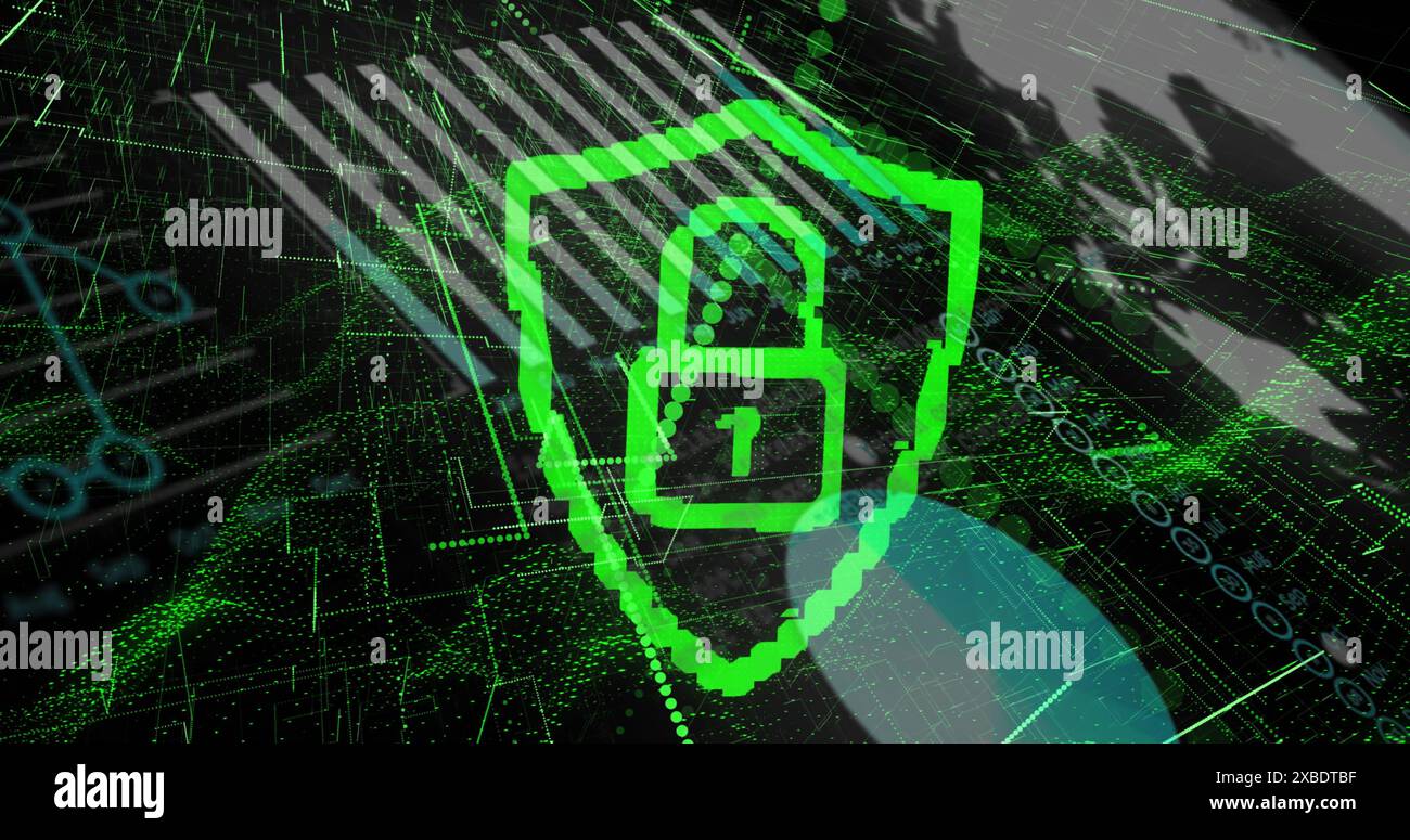 Image of online security padlock data processing over green mesh Stock Photo