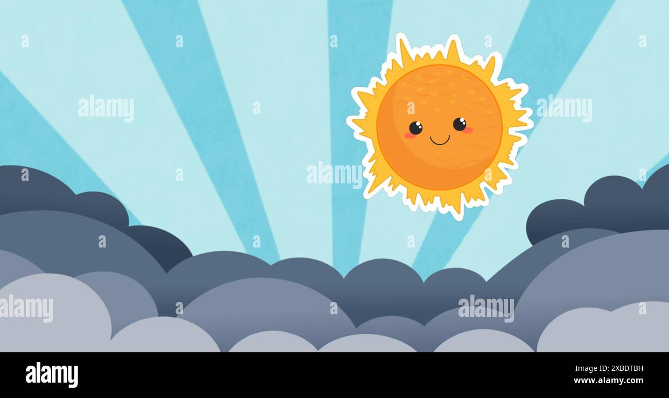 Image of sun and clouds over blue striped background Stock Photo