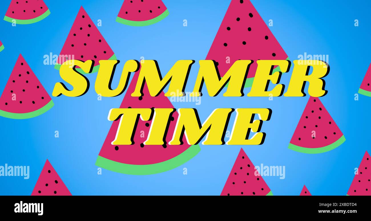 Image of summer time over watermelons on blue background Stock Photo ...