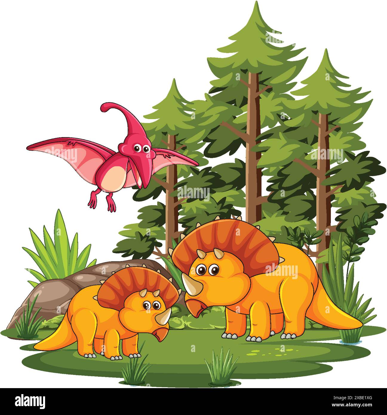 Dinosaurs and pterodactyl in lush forest Stock Vector