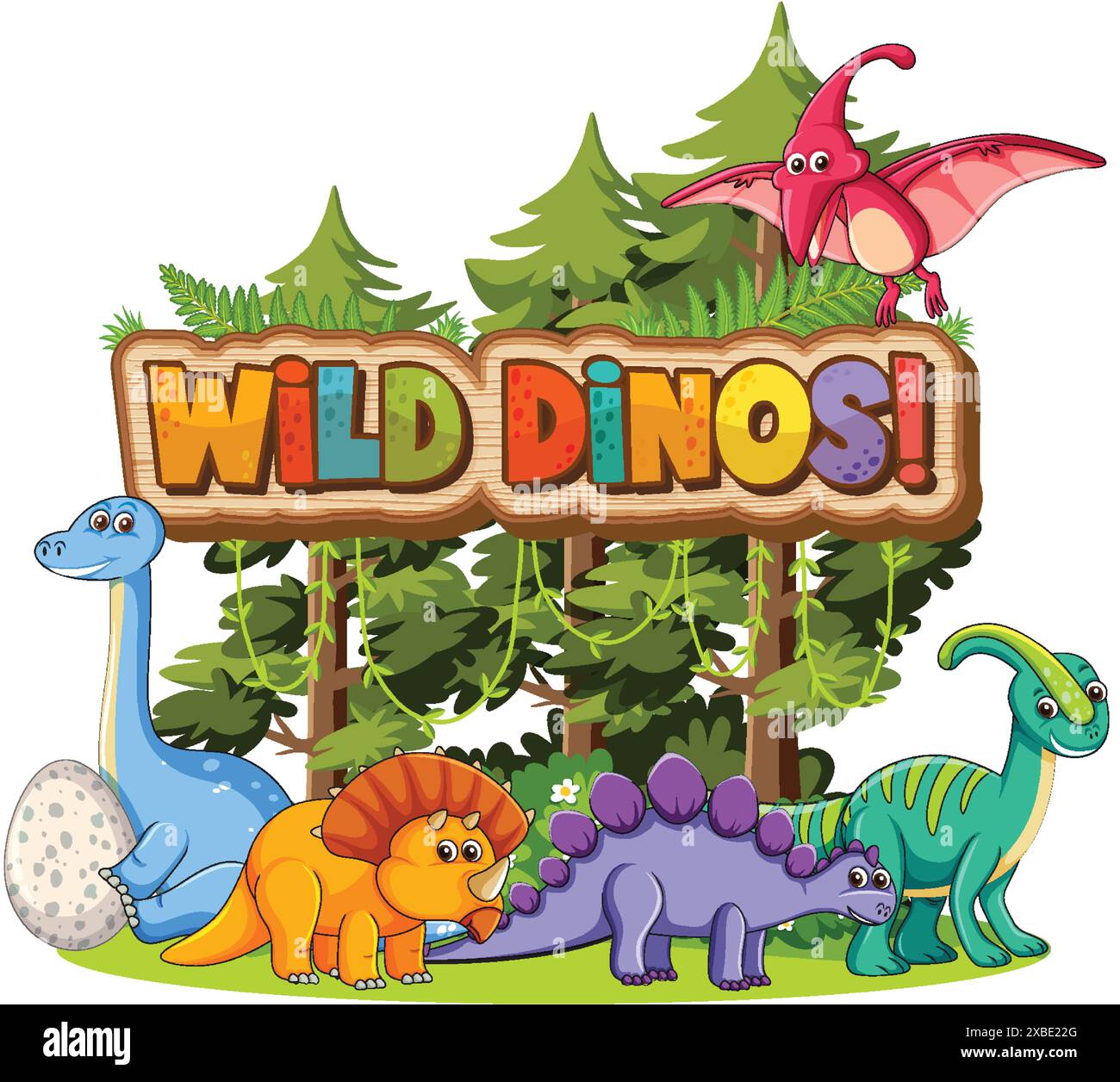 Colorful dinosaurs in a lush forest Stock Vector