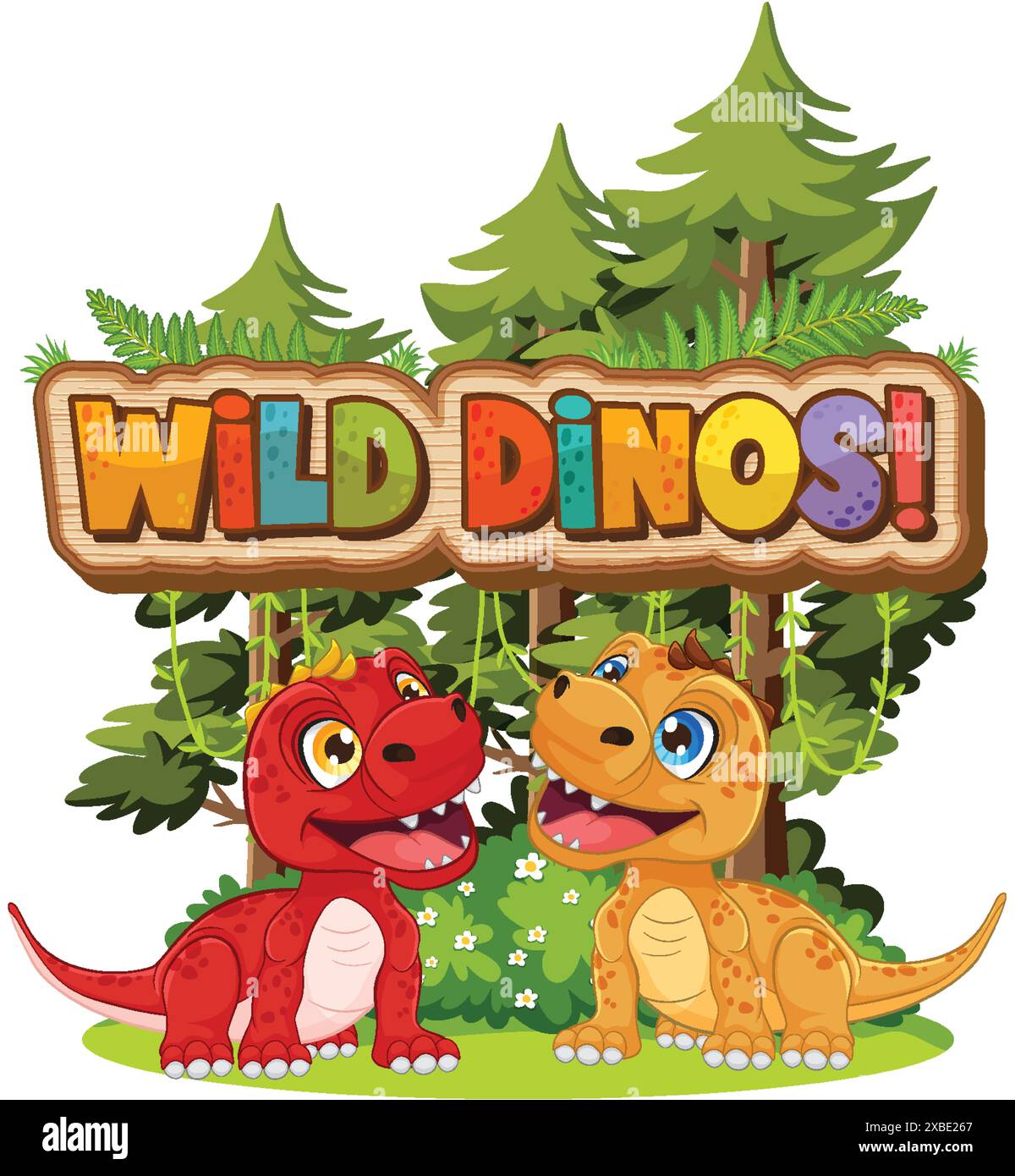 Two playful dinosaurs in a lush forest Stock Vector