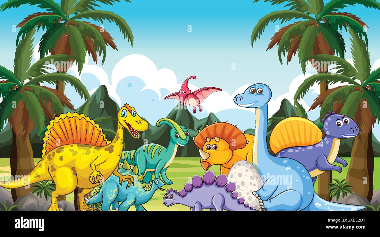 Dinosaurs in a vibrant, lush jungle setting Stock Vector Image & Art ...
