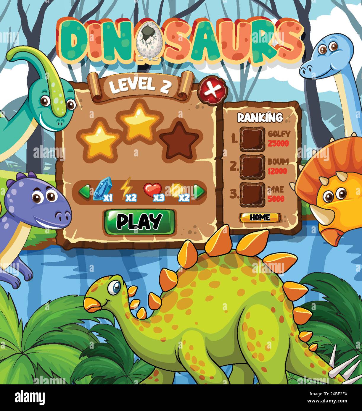 Colorful dinosaur game level screen illustration Stock Vector Image ...