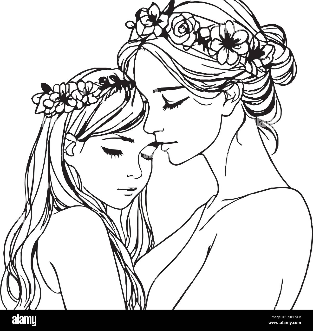 Two females, perhaps sisters, giving each other hugs. They wear clothes