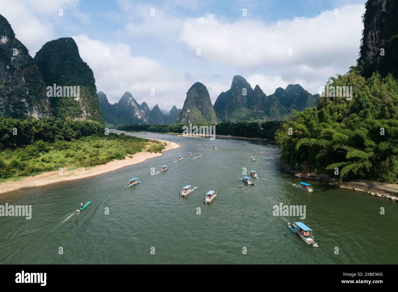 Li River Bamboo Raft Map Aerial photography of imitation bamboo raft boats carrying tourists on ...