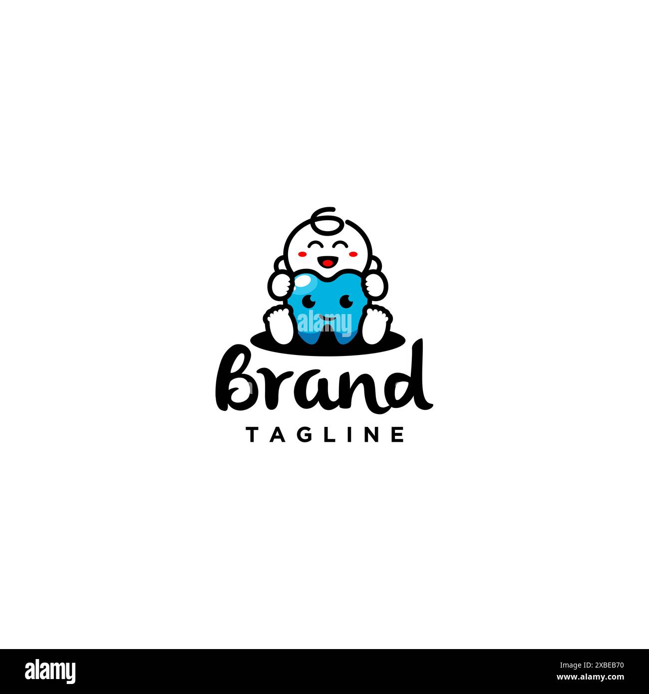 Happy Baby Hugging Blue Cute Teeth Logo Design. Healthy Blue Teeth In