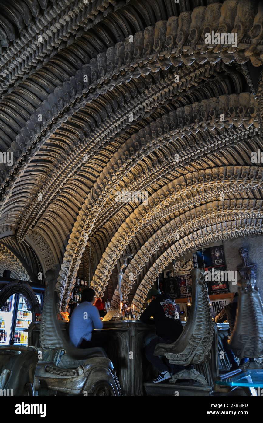 Gruyeres, Switzerland - January 27. 2023: The grotesque interiors of the HR Giger Bar cafe in the Chateau de Gruyeres in Switzerland Stock Photo