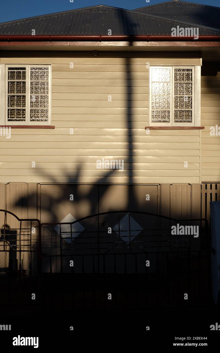 Suburban post war weatherboard house, front fence, palm shadow