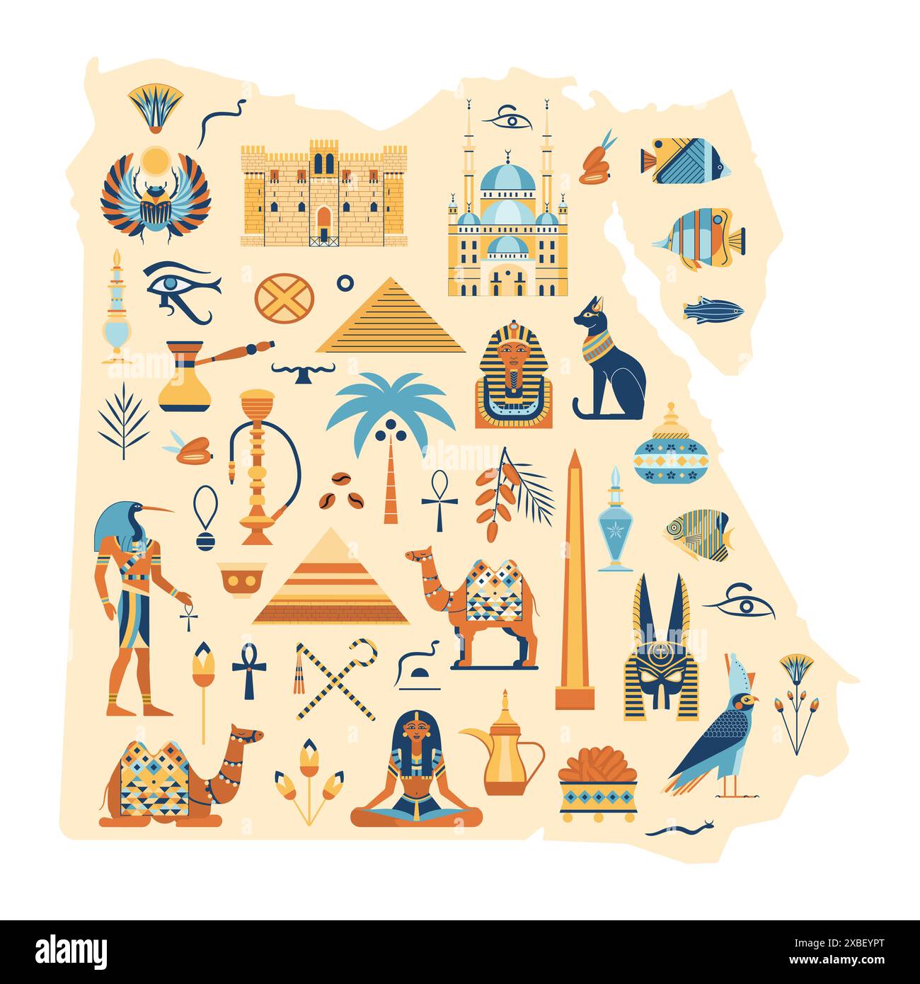 Egyptian Symbols and Landmarks on Map of Egypt Stock Vector