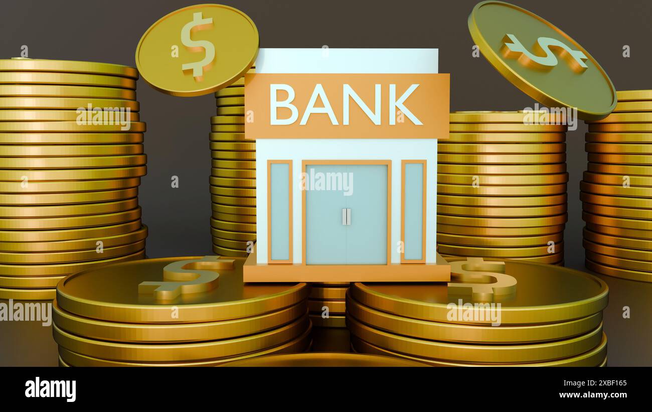 3d rendering of bank building with golden coin with a dollar sign ...