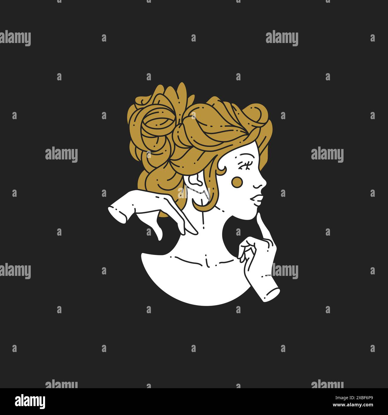 Antique monument Greek goddess blonde woman with curly hairstyle touching face by hands outline logo vector illustration. Ancient medieval lady thinki Stock Vector