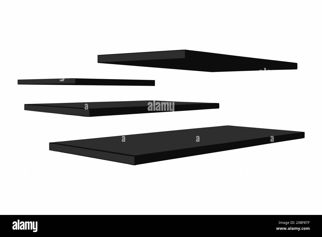 View of Black floating shelves isolated on a white background. Minimalist ...