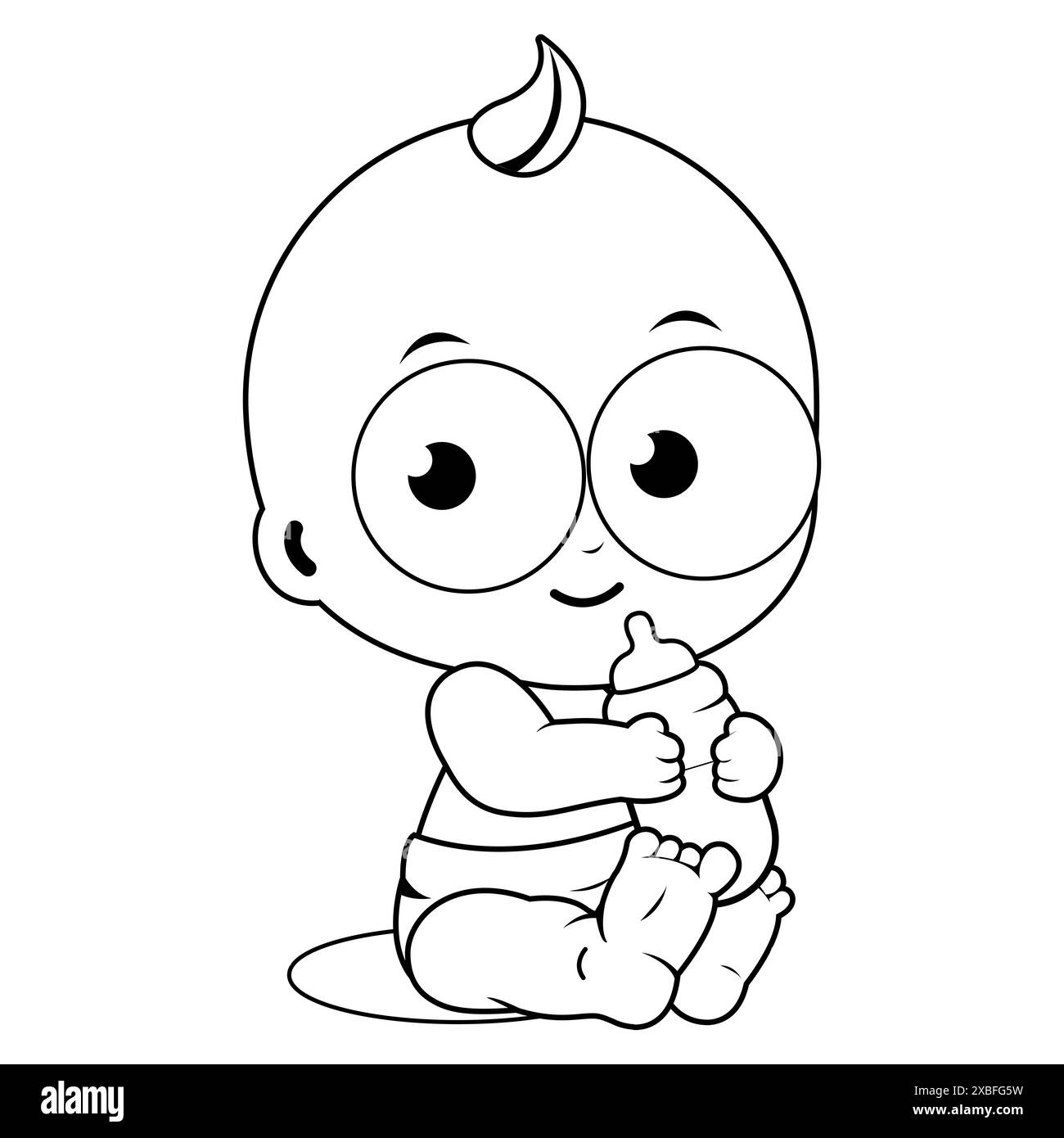Baby with milk bottle. Cute little toddler baby child drinking milk. Black and white coloring page Stock Photo