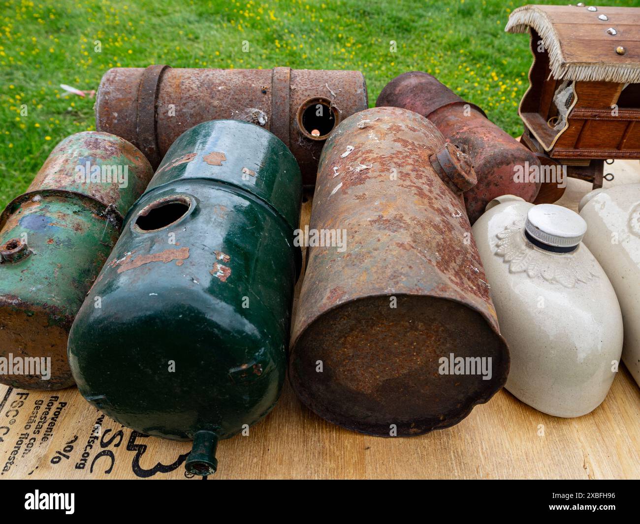 Hot water bottles and water containers on display for sale at Astle
