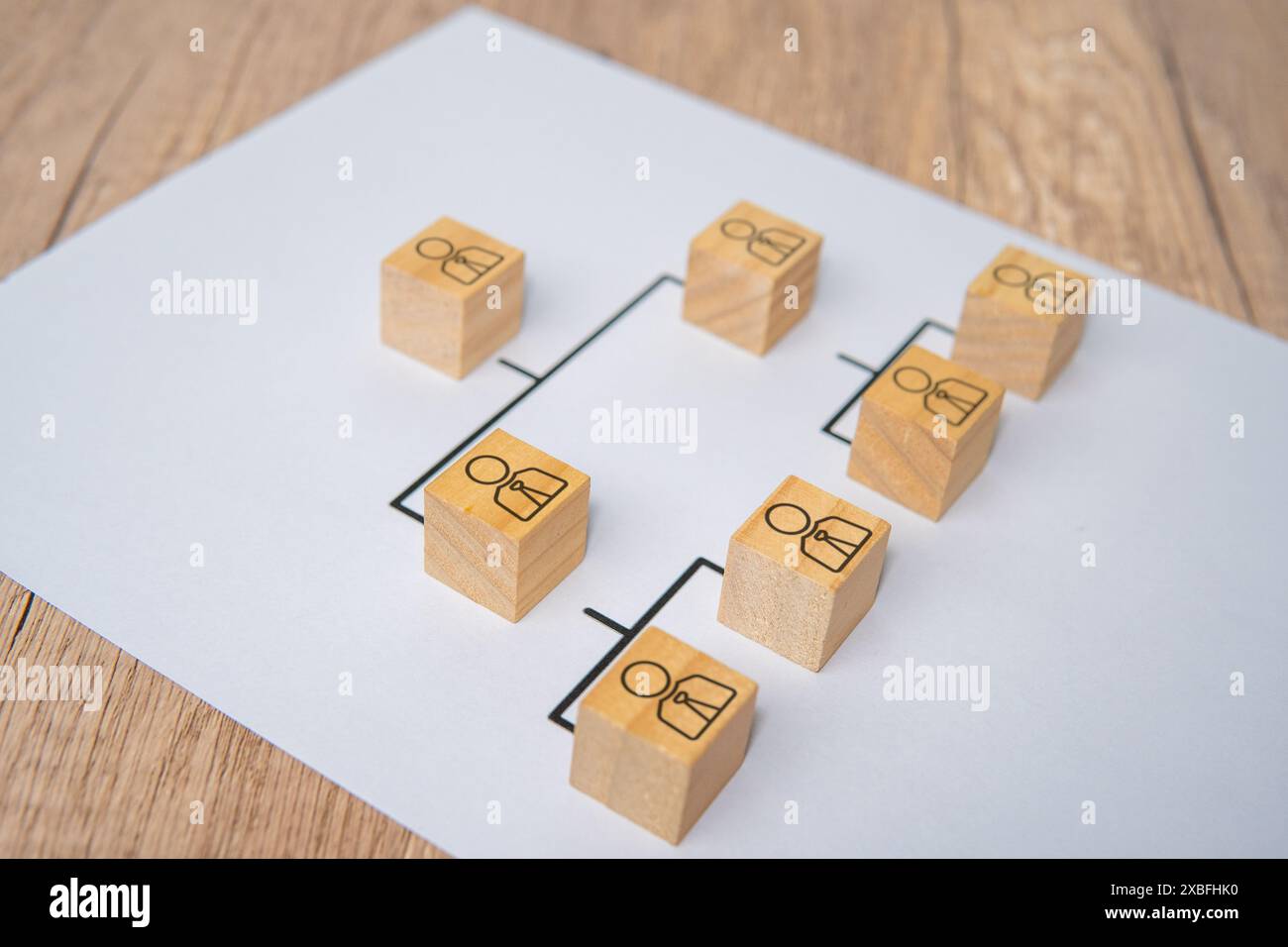 Company hierarchical organizational chart using wooden blocks with copy space. Stock Photo
