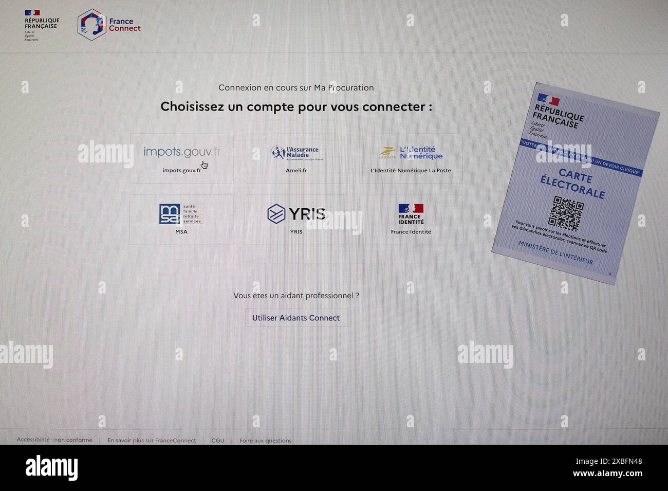 France. 12th June, 2024. Screen overlay of the maprocuration.gouv site ...