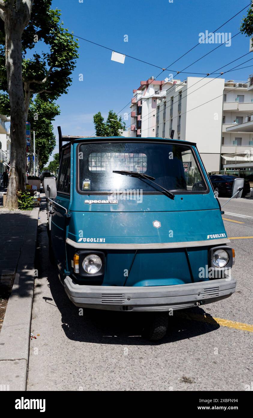 Italy, Rimini, june 12, 2024 - ApeCar p3 brand text and logo sign three ...