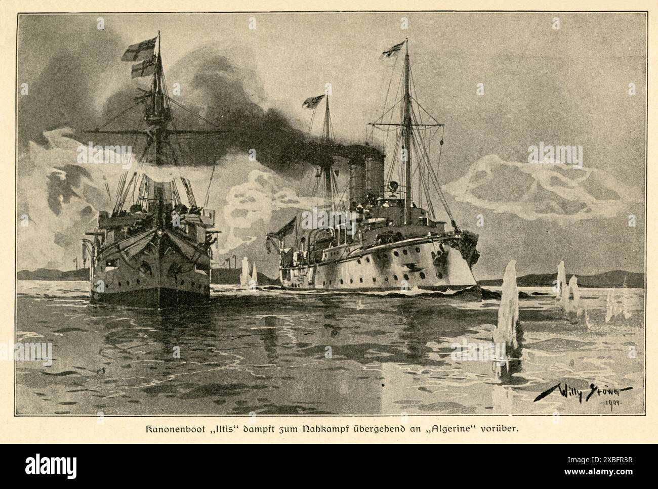 Seekrieg,  Originaltext :  Kanonenboot ' Iltis ' dampft zum Nahkampf übergehend an ' Algerine '  vorüber , Künstler Willy Stöwer ( 1864-1931 ) , Motiv aus :  Seehelden und Seeschlachten in neuerer und neuester Zeit , von Korvetten-Kapitän a. D. von Holleben, Verlag von Otto Spamer, Leipzig, 1913 .  Rechte werden nicht vertreten .  /  Naval battle, original text : Kanonenboot ' Iltis ' dampft zum Nahkampf übergehend an ' Algerine ' vorüber ( gunboat ' Iltis ' steamed to close combat  beside ' Algerine '  , artist Willy Stöwer ( 1864-1931 )  ,  1904 , image from :  Seehelden und Seeschlachten in Stock Photo