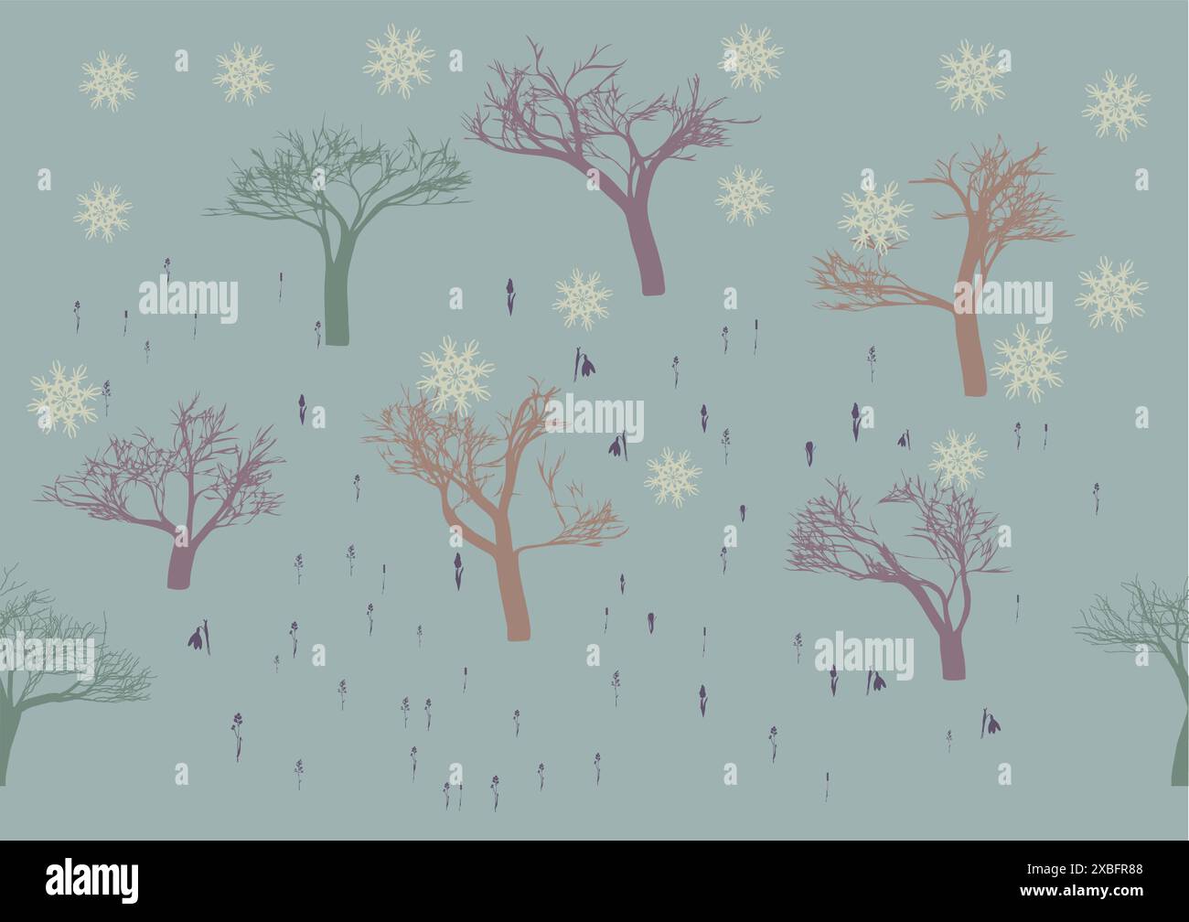 seamless winter trees and herbs vector abstract background Stock Vector