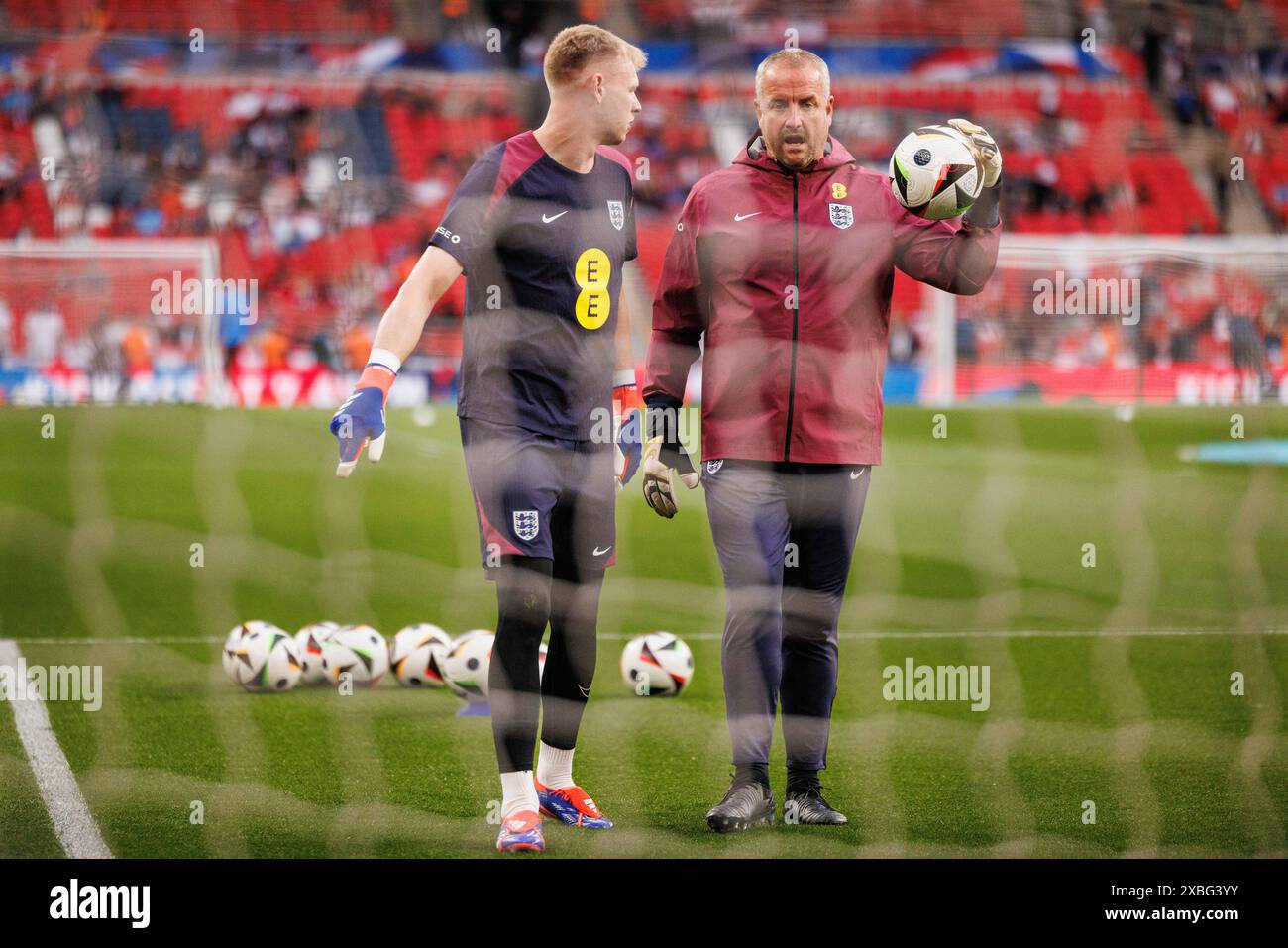 Aaron Ramsdale  of England and Martin Margetson England goalkeeping coach- England v Iceland, International Friendly, Wembley Stadium, London, UK - 7th June 2024 Editorial Use Only Stock Photo