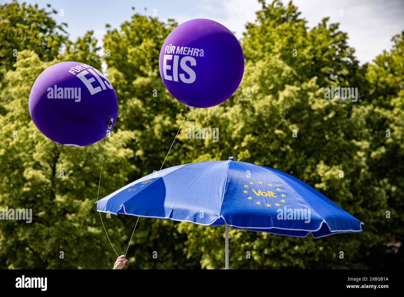 Aktivisten von Volt bei einem Infostand für die Europawahl im Lustgarten in Berlin am 2. Juni 2024. Kleine Parteien bei der EU Wahl *** Volt activists at an information stand for the European elections in the Lustgarten in Berlin on June 2, 2024 Small parties in the EU elections Stock Photo